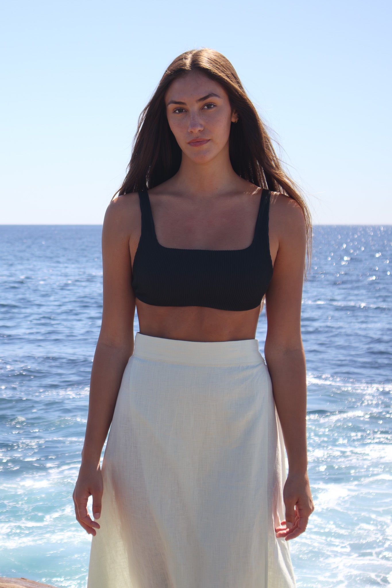 Full front view of the Wrap Around Me Skirt in sun washed mint linen, showing the clean A line silhouette.