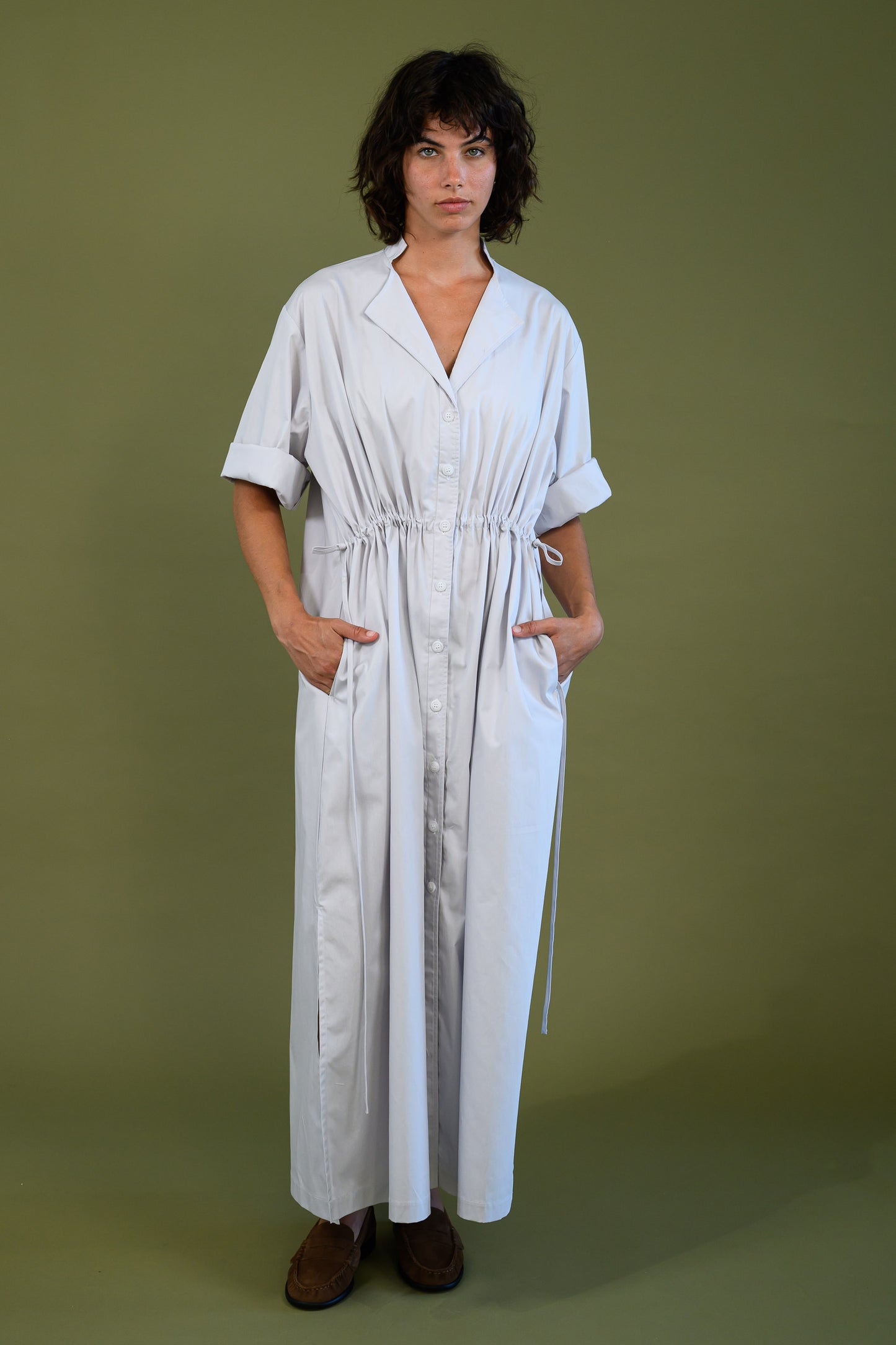 White cotton poplin dress shown full body from the front
