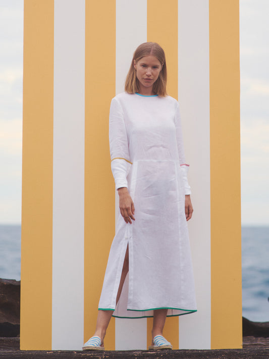 Maggie Dress - White with Rainbow Trim